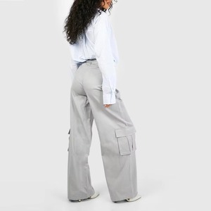 Pantalon cargo ample taille haute pour femme, couleur unie, en toile respirante, longueur intégrale, style décontracté streetwear - Product Image 3