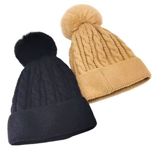 Perfectionists Unisex 100% Wool Breathable <b>Waterproof</b> Knitted <b>Beanie</b> Hat Fur Pom Pom Solid Color Cable Knit Winter for Adults - Product Image 2