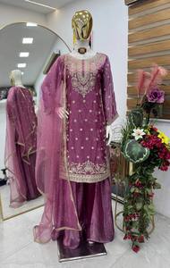 Luxury Fandy Silk Embroidered Kurti Palazzo Set with Diamond Hand Work & Soft <b>Net</b> Dupatta - Product Image 2