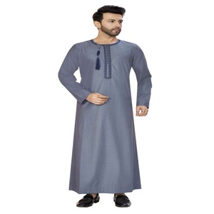 <b>Men's</b> Black Cotton <b>Thobe</b> Long Sleeve Floor Length Round Neck Lightweight Summer Eid Modest Prayer Wear Middle East Style - Product Image 2