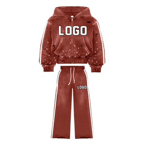 Conjunto Deportivo de Invierno para Hombre, Pantalones Acampanados y Sudadera con Cremallera, Estilo Oversize, Lavado Personalizado con Pedrería, Ropa Urbana Unisex para Exteriores - Product Image 2