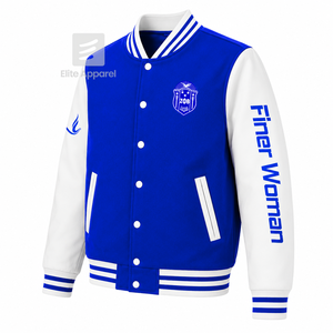 Chaqueta universitaria personalizada de la hermandad Zeta Phi Beta, azul y blanca, con cremallera frontal completa, cuello con banda, logotipo bordado, de algodón. - Product Image 2