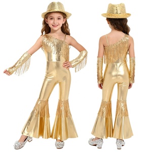 6-16 Kids Girls Dance Competition Costumes Jazz Disco Dance Costume Flared Jumpsuit With Gloves And <b>Fedora</b> <b>Hat</b> For Performances - Product Image 4