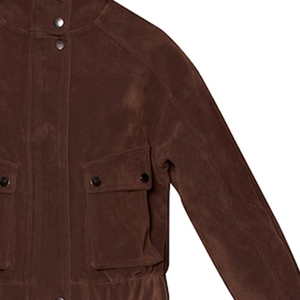 Blouson bomber court unisexe en suède et laine, col en V, fermeture éclair, poches plaquées, style streetwear décontracté et élégant, couleur chocolat amer - Product Image 2