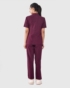 Burgundy Wine Medical Scrub Set <b>Women</b> <b>Short</b> Sleeve Mandarin Collar Scrub Top with Pockets and Matching <b>Trousers</b> Uniform - Product Image 6