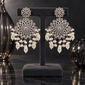 Silver Plated Clear Stone Floral Chandelier Earrings with Faux Pearl Drops <b>Pakistani</b> Bridal <b>Jewelry</b> Wholesale Manufacturer - Product Image 5