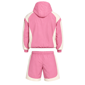 Mens <b>Pink</b> Neutral Colorblock Nylon Hoodie Shorts <b>Set</b> Lightweight Quarter Zip Running Training <b>Gym</b> Casual Sportswear Outfit - Product Image 2