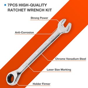 Kit de 7 clés à cliquet en acier au chrome vanadium de 8mm à 19mm, boîte à 72 dents entièrement polie, ensemble d'outils de garage standard à extrémité ouverte - Product Image 3