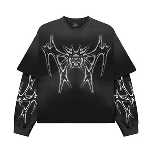 Style tendance haute qualité Double couche O cou 100% coton à manches longues Streetwear en détresse surdimensionné hommes t-shirt - Product Image 1