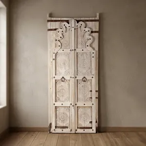 Porte d'entrée vintage en bois indien récupéré, motifs floraux sculptés à la main, quincaillerie métallique antique, style rustique traditionnel Darwaza - Product Image 6
