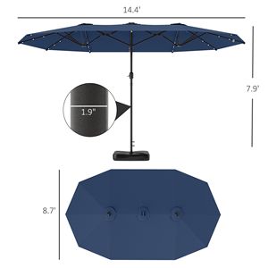 Ombrellone da patio Solar Navy Blue da 14,4 piedi con protezione solare su entrambi i lati, luci solari a LED e base - Product Image 3