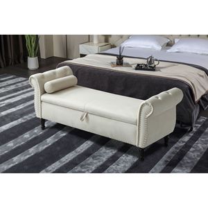 63\" Velvet Rectangular Sofa <b>Stool</b> with Multifunctional Storage Solid Wood Legs Tufted Nailhead Trim 1 Pillow <b>Bedroom</b> Furniture - Product Image 1