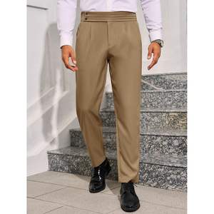 2025 hommes coupe ajustée robe pantalon plissé taille élastique velours côtelé Chinos avec fermeture éclair décor affaires décontracté travail costume pantalons - Product Image 1