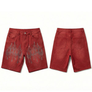 Pantalones Cortos de Mezclilla Casuales de Verano para Hombre, Color Sólido, Lavados, con Adornos de Diamantes de Imitación, Logotipo Personalizado, Corte Holgado, Cintura Elástica, Último Diseño - Product Image 1
