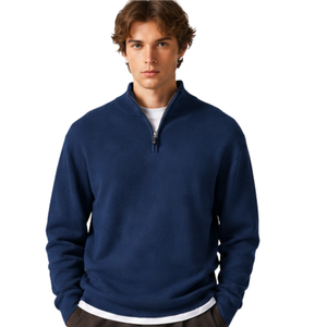 Pull en maille bleu marine pour homme, col montant zippé, manches longues, décontracté, chaud, respirant, doux, taille XL - Product Image 1