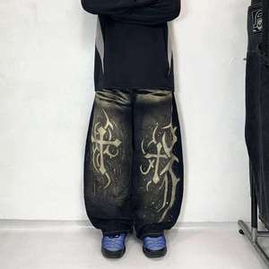 Straight Vintage Cotton Men's Jeans Custom Hip Hop Hand <b>Painted</b> Graffiti Cotton Denim Jeans Pants Trousers for Men - Product Image 3