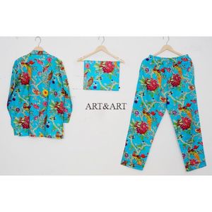 Ensemble de pyjama en coton fait main pour femmes, imprimé floral d'été, respirant, doux, séchage rapide, confortable, longueur intégrale, vêtements de nuit - Product Image 4