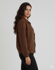 Blouson Bomber Femme Personnalisé en Faux Daim Marron, Léger et Respirant, Fermeture Éclair Avant, Teint Uni, Printemps/Automne, Fabrication OEM Professionnelle - Product Image 4