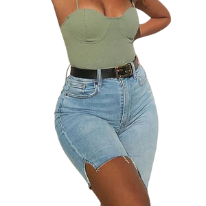 <b>Women's</b> High Waist Light Blue Denim Bermuda <b>Shorts</b> Casual Summer Regular Fit Knee Length Jean <b>Shorts</b> Raw Hem Vintage Washed - Product Image 1