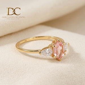 Anillo de Boda Elegante de Diseño con Diamante Cultivado en Laboratorio y Zafiro Padparadscha Cultivado en Laboratorio, Certificado por IGI, Oro Sólido de 14 Quilates, Joyería de Lujo para Mujer - Product Image 5