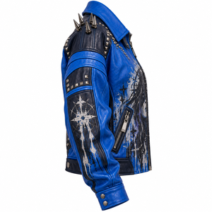 Royal Blue Genuine Leather <b>Jacket</b> <b>Womens</b> Gothic Crown Graphic Spiked Stud Collar Zip Biker Coat Bespoke OEM ODM Supplier - Product Image 3