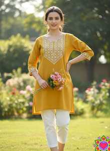 Trendy Slub Cotton <b>Tunic</b> <b>Top</b> With Multi Color Embroidered Work Knee Length Casual Wear For India Pakistan Style <b>Short</b> Kurtis - Product Image 5