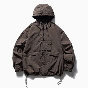 Men's Hooded Windproof <b>Jacket</b> Casual Solid Color Polyester Zipper Closure Loose Fit Autumn Outerwear with Pockets - Product Image 6