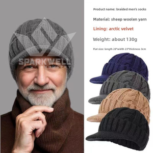 Gorro de Lana Trenzada para Hombre Sparkwell Industry, Forrado de Terciopelo Ártico, Gorro de Punto Cálido para Invierno, Color Sólido, Talla Adulto 56-58cm - Product Image 1