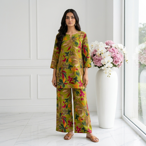 Ensemble coordonné pour femme à imprimé floral de qualité supérieure, vert olive, tunique longue en coton, pantalon large, tenue deux pièces, décontractée, été, non tissé - Product Image 1
