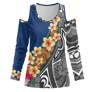 T-shirt femme personnalisé avec logo bleu et motif floral polynésien, épaules dénudées, imprimé par sublimation, grandes tailles - Product Image 2