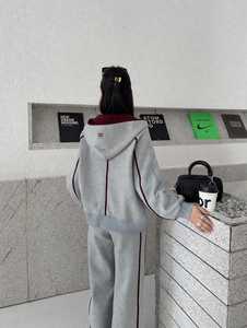 <b>Women</b> Gray Button Up Hooded Tracksuit <b>Set</b> Burgundy Trim Side Stripe Two Piece Sweatshirt <b>Jogger</b> <b>Set</b> - Product Image 5