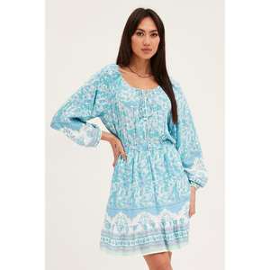 ชุดเดรสมินิพิมพ์ลายดอกไม้สไตล์โบโฮสำหรับผู้หญิง แขนยาว ผูกคอ ชุดลำลองสำหรับฤดูร้อนและชายหาด - Product Image 1