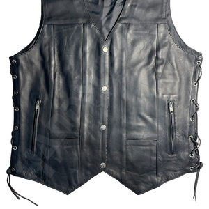 Chaleco de Motocicleta de Cuero Negro para Hombre HSI, Sin Mangas, Cuello en V, con Cordones Laterales y Bolsillos con Cremallera, para Todas las Temporadas - Product Image 4