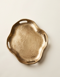 Plateau de service rond en métal doré festonné sur mesure avec poignée et texture alvéolée – Vaisselle élégante pour la vente en gros - Product Image 1