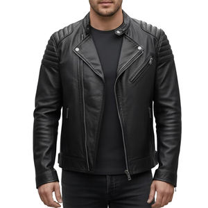 Veste en cuir noire pour homme, style motard, fermeture éclair asymétrique, manteau de style moto, cuir d'agneau de qualité supérieure, vêtements de rue, design unisexe - Product Image 1