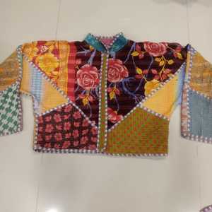 Patchwork Quilted Kantha Jacket Women's Reversible Cotton Blend Winter Style Handmade Design Breathable Horn Button Closure - Product Image 5