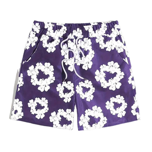 Short de bain décontracté pour homme, imprimé floral violet, taille mi-haute, cordon de serrage, séchage rapide, 100 % polyester - Product Image 1