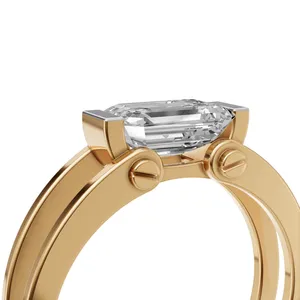 Axelar East West Open Double Band <b>Ring</b> in Emerald Cut <b>Diamond</b> <b>Ring</b> Yellow Gold <b>Ring</b> with 1 Pieces of <b>Diamond</b> Stone - Product Image 5