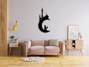 Décoration murale islamique en métal noir, mosquée, croissant de lune, prière, décoration moderne pour l'intérieur de la maison, thème Ramadan, décoration murale à suspendre - Product Image 1