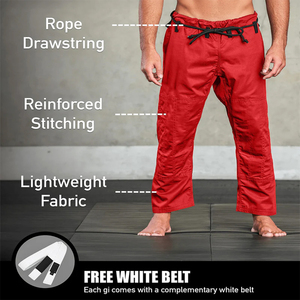 Traje de BJJ Lavado Más Vendido, Color Rojo, Ligero, Transpirable, de Algodón Perlado, Personalizable, Preencogido, con Aberturas Laterales y Cinturón Negro - Product Image 3