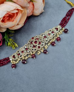 Traditional Ethnic Dual Bridal <b>Set</b> Heavy CZ Studded Choker & Necklace Combo With Matching Chadbali Earrings & Mangtika Wholesale - Product Image 4