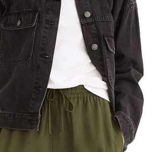 Women's Black Denim Jacket Oversized Loose Fit Stonewashed Casual Style <b>Button</b> Front Solid Color Autumn Wear - Product Image 3