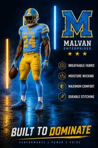 เสื้อฟุตบอลอเมริกันแบบสั่งทำของ Malvan Enterprises สำหรับผู้ใหญ่ ยูนิเซ็กซ์ สีน้ำเงิน-เหลือง พิมพ์ลายด้วยความร้อน ระบายอากาศได้ดี คอวี แขนสั้น - Product Image 3