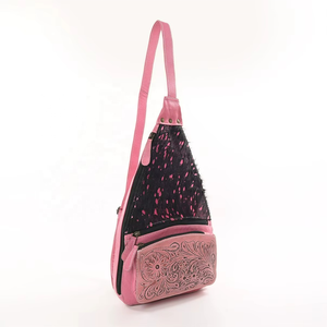 Western Cowhide Hair Leather Sling <b>Backpack</b> Hand <b>Tooled</b> Cowboy Shoulder Bag - Product Image 3
