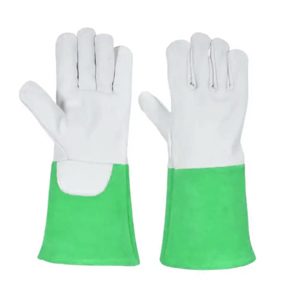 Gants de travail en cuir de vachette de qualité supérieure, blancs avec manchette bleue, résistants à la chaleur, pour soudure TIG, avec logo personnalisé - Product Image 3