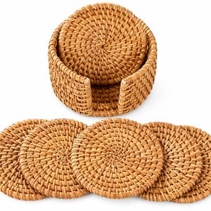 Rattan Coaster Handmade Woven Natural Rattan Drink Coasters Eco Friendly Round <b>Table</b> <b>Mats</b> for Coffee Cups Mugs - Product Image 1