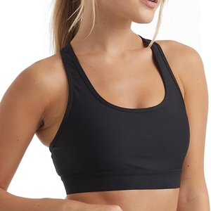 Sujetador deportivo negro para mujer con espalda cruzada, cuello redondo, soporte medio, transpirable, sin costuras, top de yoga de color liso con logo frontal, 300g - Product Image 3
