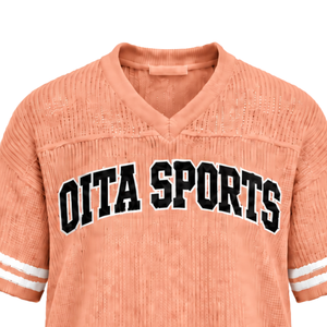 <b>Peach</b> Pink Lightweight Knit V Neck Sports Jersey Short Sleeve Stripe Detail Custom Oversized Casual Athletic Team Uniform Top - Product Image 5