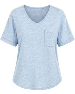 Camiseta Casual Personalizada Azul Cielo con Cuello en V para Mujer, Manga Corta, Mezcla de Algodón, Suave y Ligera, con Bolsillo, Cómoda para Uso Diario en Verano - Product Image 1