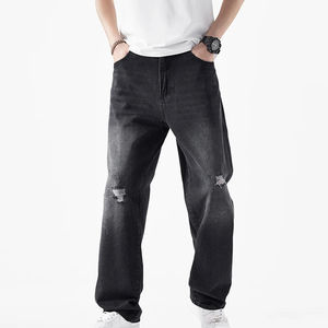 Pantalones Vaqueros Negros para Hombre, Corte Holgado, Estilo Baggy, Detalle Desgastado en las Rodillas, Algodón de Alta Calidad, Pantalones Casuales, Moda Urbana - Product Image 2